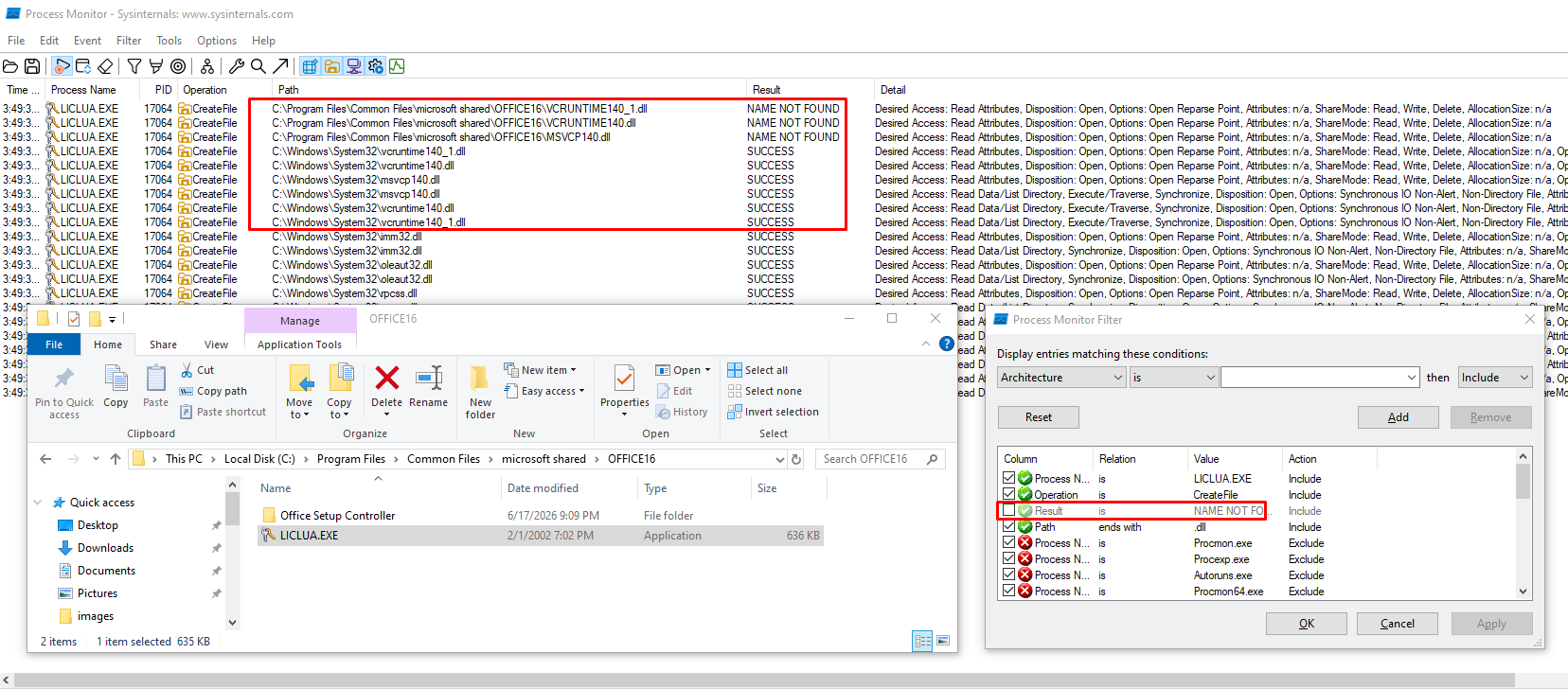 ProcMon showing the DLLs loading successfully from System32