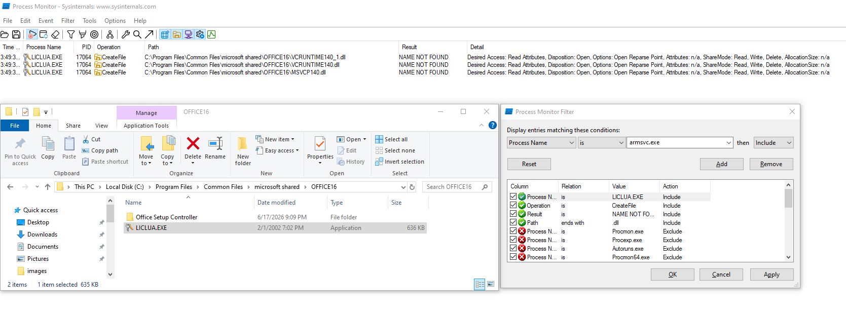 ProcMon showing three NAME NOT FOUND probes in the application directory